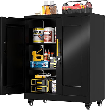 Metal Storage Cabinet with Lock and Wheels, Steel Tool Cabinet with 2 Door and 2 Adjustable Shelves, 35” Tall Lockable File Cabinet, Garage Cabinet, Rolling Cabinet for Home Office - Black