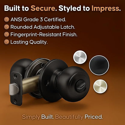 Copper Creek Privacy Interior Door Knob – ANSI Grade-3 Certified, Modern Heavy Duty Handle, Easy Install and Reversible for Bedroom, Bathroom and Closets – Matte Black (1 Pack)
