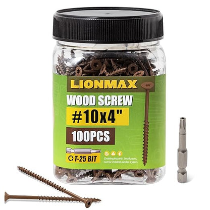 LIONMAX Wood Screws 4 Inch, Deck Screws #10 x 4, 100 PCS, Rust Resistant, Epoxy Coated, Exterior Wood Screw, Outdoor Decking Screws, Torx/Star Drive Head, T25 Star Bit Included, Brown