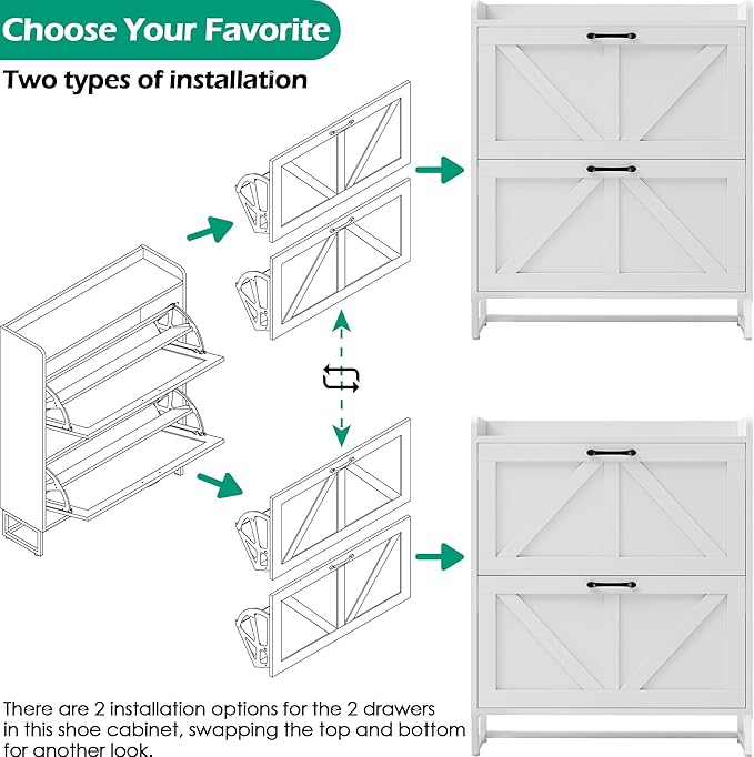 Betterhood Entryway Shoe Cabinet with 2 Flip Drawers, Slim Shoe Rack Cabinet, Freestanding Hidden Shoe Organizer Cabinet with Metal Legs, Shoe Cabniet for Entryway with Storage, Hallway, Foyer, White