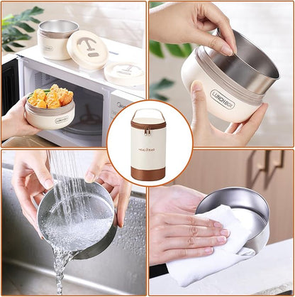 Dandat 3 Pcs Portable Insulated Lunch Container Set for Adult, Stackable Stainless Steel Bento Box for Hot Food with Insulated Lunch Bag Unisex 3 Separate Thermal Food Container(Beige)