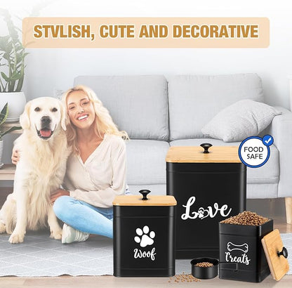 Metal Dog Treat Containers Set of 3 with Bamboo Lids and Spoon Airtight 7+3+2 lbs Dog Food Snack Jars with DIY Labels Big Pet Cookie Storage Jar for Kitchen Counter(Black,Classic)