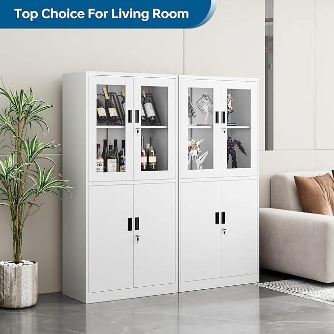 Display Storage Cabinet with Glass Door, 71 Inches Metal Curio Cabinet with 2 Adjustable Shelves, Locking Glass Display Case for Home, Office, Clinic, Pantry, Assemble Required(White)