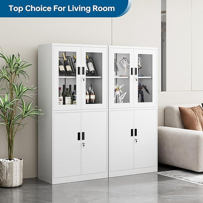 Display Storage Cabinet with Glass Door, 71 Inches Metal Curio Cabinet with 2 Adjustable Shelves, Locking Glass Display Case for Home, Office, Clinic, Pantry, Assemble Required(White)