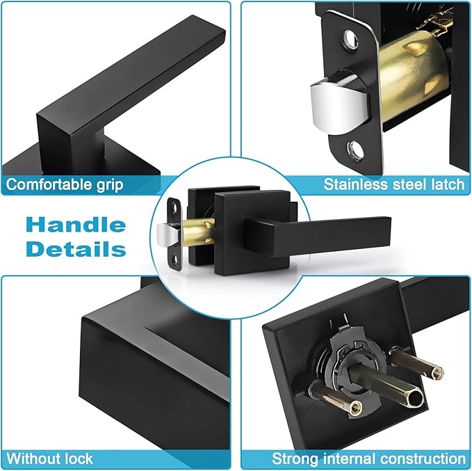 Estmoon 1 Pack Passage Door Handle Matte Black Door Lever, Interior Door Knob Square Heavy Duty Non-Locking Handlesets Hall Closet Handle, Reversible for Right & Left Sided Doors