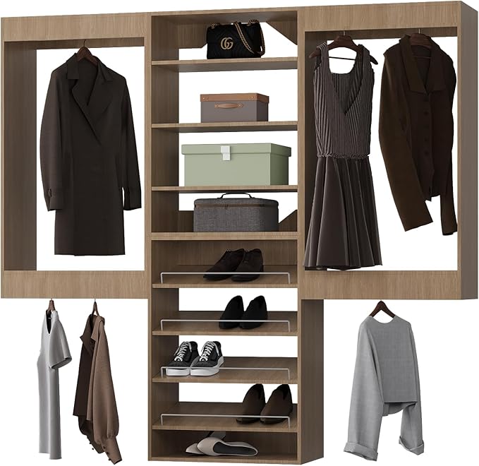 ROOMTEC Modular Closet System, 90" Wall Mounted Closet Organizer with Hanging Rods and Shoe Shelf, Wooden Tower for Walk-In Closets, Wardrobe Storage Kit, Wood