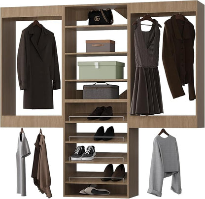 ROOMTEC Modular Closet System, 90" Wall Mounted Closet Organizer with Hanging Rods and Shoe Shelf, Wooden Tower for Walk-In Closets, Wardrobe Storage Kit, Wood