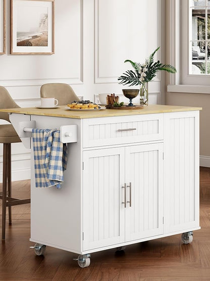 Kitchen Island with Storage, 31.5" D Rolling Kitchen Island Cart on Wheels with Widen Drop Leaf Rubberwood Top, Large Mobile Kitchen Islands with Trash Can Storage and Towel Bar, White