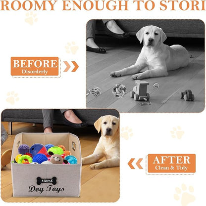 Geyecete Big Dog Toys Storage Bins Canvas Foldable Fabric Trapezoid with metal handles pet Baskets,Can be Personalized,Storage Bin Large toy box Organizer-KhakiStripe