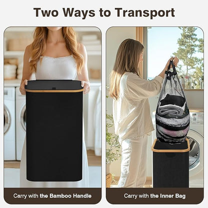 100L Laundry Hamper with Lid, Large Laundry Basket with Bamboo Handles, Clothes Hampers for Laundry with Removable Bag, Dirty Clothes Hampers for Bedroom Aesthetic, Black