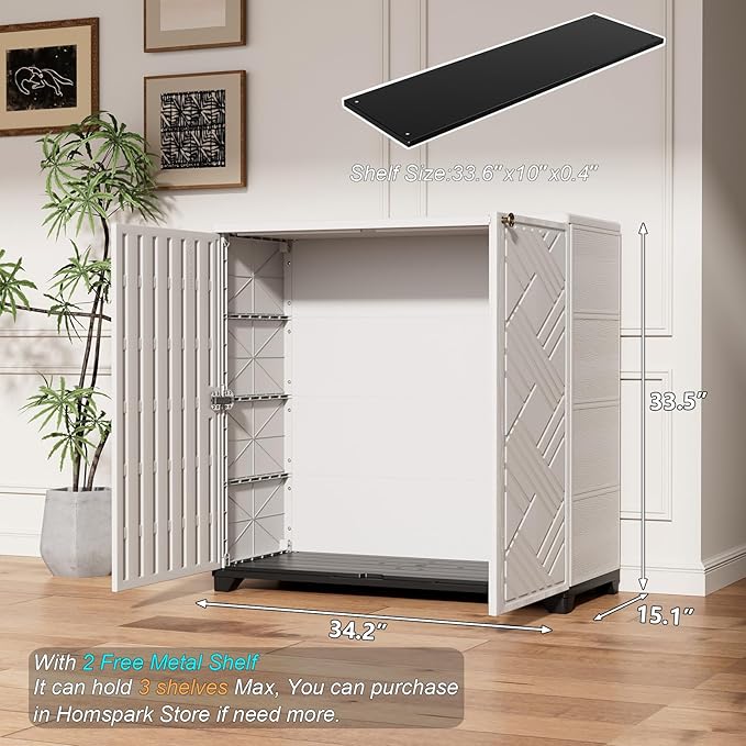 HOMSPARK Indoor/Outdoor Storage Cabinet with Doors and 2 Metal Shelves, 34”x15”x34” HDPE Plastic Storage Box for Patio, Garden, Enterway, Balcony, Multi-Purpose for Daily Tools, White