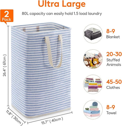 Lifewit 2 Pack Laundry Basket 80L Each, Collapsible Clothes Hamper with Reinforced Handles, Freestanding Waterproof Design for Bedroom and Laundry Room, Grey&Blue 160L Total