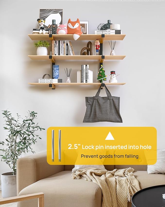 Lumber Rack Wall Mount Storage Racks Folding Wood Organizer Heavy Duty Shelf Brackets With 9-Level 1080 Lbs Capacity Yellow Metal Utility Racks Garage Wall Shelving for Indoor and Outdoor Use (6 Pack)