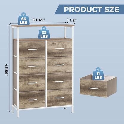 DUMOS TV Stands for Living Room with 8 Drawers, Tall 8-Drawer Chest of Drawers with Raised Shelf, Storage Tower with Fabric Bins for Organization, Hallway Storage, Oak