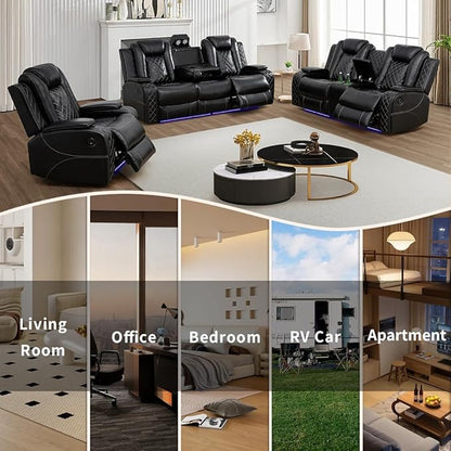 Black Leather Power Recliner Loveseat and 2 Chairs with Arm Storage and Read Light, Theater Seating Leather Living Room Reclining Loveseat with Cup Holders and Smart Charging Pad for Home