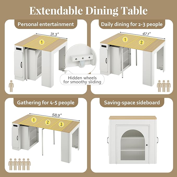 Extendable Dining Table with Storage Cabinet, 15.6" to 59" Rolling Kitchen Island Table with Power Outlet & LED Lights, Space Saving Dining Table for Small Spaces, White