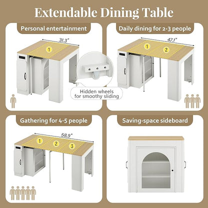 Extendable Dining Table with Storage Cabinet, 15.6" to 59" Rolling Kitchen Island Table with Power Outlet & LED Lights, Space Saving Dining Table for Small Spaces, White