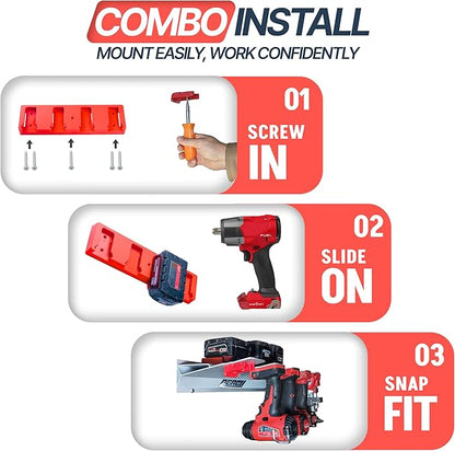 PERCH 4 Pack Milwaukee Tool Holder with 4 Pack Milwaukee Battery Holder for Milwaukee 18v Tools and Milwaukee 18v Battery