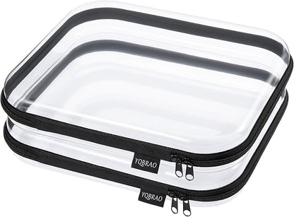 Hard Sided Clear Zipper Case for Storage- Professional-Grade Plastic Clear Zipper Pencil Case,Toy Storage Bins, Toiletry Pouch, Travel Organizer, Cosmetic Bag（Black,2 Pack, L）
