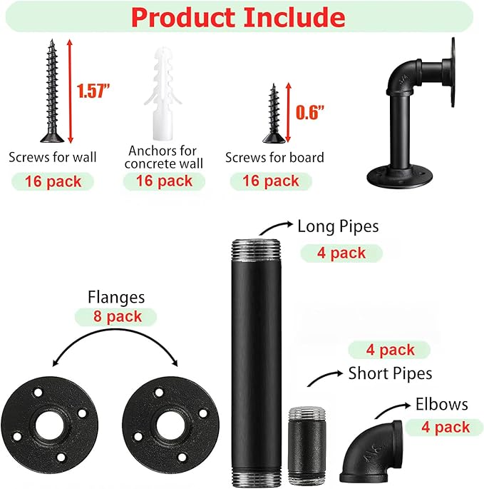 Industrial L Pipe Shelf Brackets for 7-14 in Depth Wood,Heavy-Duty 3/4" Iron,Wall Mount Floating Shelf Bracket L Metal Pipe Shelving Brackets for Wood-Black DIY Pipe Shelves(6.7*3.1 Inch 4 Pack)