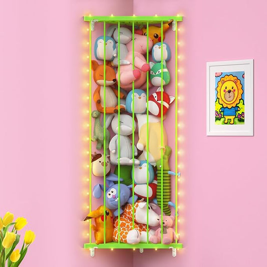 Corner Stuffed Animal Storage Net - Stuffed Animals Holder with LED Lights - Plush Organizer Hanging Stuffed Animal Hammock with Adjustable Length for Wall