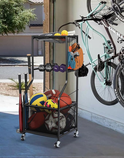 Sports Equipment Garage Organizer - Rolling Ball Storage with wheels, 3-Tier Sports gear Storage Rack Indoor & Outdoor Balls Cart with Hooks for Home, Garage (Black)