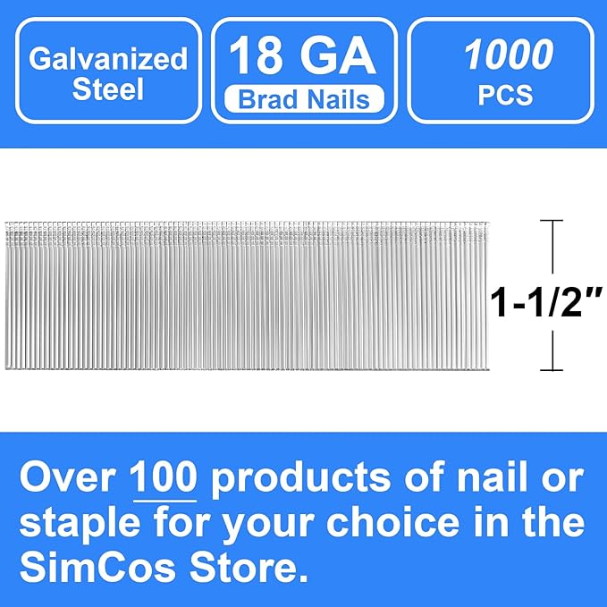 18 Gauge Brad Nails 4 Sizes (2",1-1/2",1-1/4",3/4") Galvanized 18 GA Nail Gun Nails Assorted and Small Finishing Nails for Pneumatic, Electric Brad Nailer (1-1/2" - 1000 PCS)