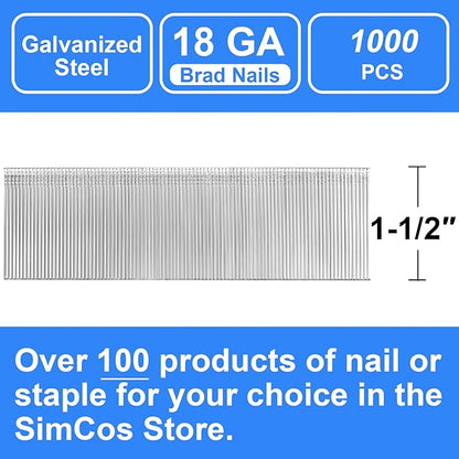 18 Gauge Brad Nails 4 Sizes (2",1-1/2",1-1/4",3/4") Galvanized 18 GA Nail Gun Nails Assorted and Small Finishing Nails for Pneumatic, Electric Brad Nailer (1-1/2" - 1000 PCS)