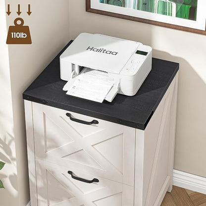 2 Drawer Small File Cabinet, Farmhouse Vertical Filing Cabinet Fits Letter and A4 Size, Under Desk Wooden File Cabinets for Home Office, Printer Stand, White and Black