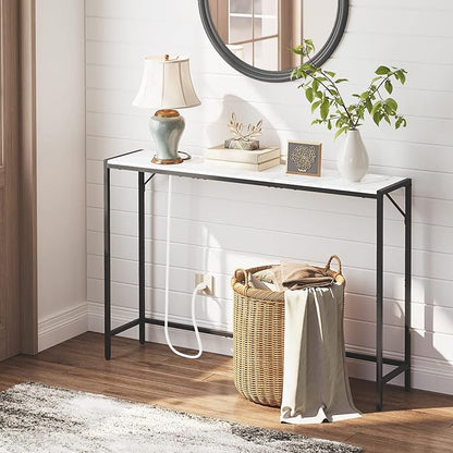 Console Table, Narrow Sofa Table Behind Couch, 43.3” Entrance Table with Power Station, Simple Style, for Living Room, Hallway, Entryway, Foyer, Marble and Black CTHM112E01