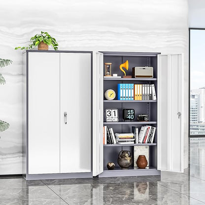 INTERGREAT Metal Storage Cabinet, 72” H Storage Cabinet with 2 Doors and 4 Adjustable Shelves for Office, Home, Garage, Pantry (Assembly Required, Grey White)