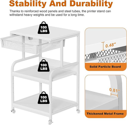 EasyCom Large 3-Tier Rolling Printer Stand with Storage Drawer & 5 Adjustable Shelves Mobile Cart with Industrial Wheels for Home Office Desk Fits 3D Printer, Scanner, and Fax White