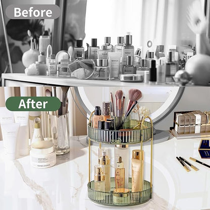 360 Rotating Makeup Organizer,2 Tier Large Capacity Make Up Organizers and Storage,Skincare Perfume Vanity Organizers,Bathroom Cosmetics Storage Organizer Countertop (Green)