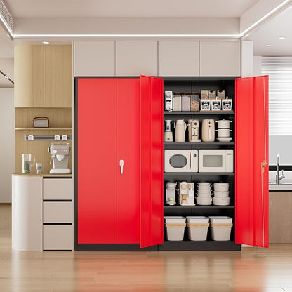Pataku Metal Storage Cabinet, 72" Garage Cabinet with Doors and Shelves Lockable Steel Multifunctional Cabinets, File Cabinets for Home, Office, Warehouse(Black Red)