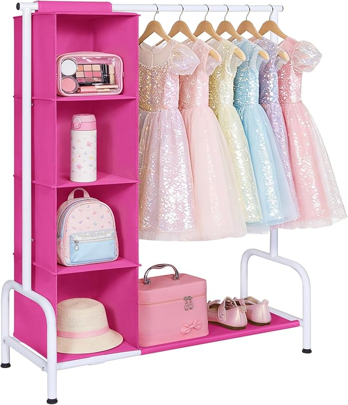 Univivi Kids Clothing Rack with Hanging Organizer, Short Toddler Dress Up Storage Rack for Hanging Clothes, Kids Wardrobe Closet for Baby Clothes, Dance Costumes, Rose Red/White