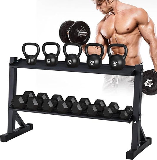 48" Kettlebell Storage Rack, 2-Tier Dumbbell and Kettlebell Rack for Home Gym, 1000LBS Weights Storage for Free Weights, Dumbbells, Kettlebells and Medicine Ball