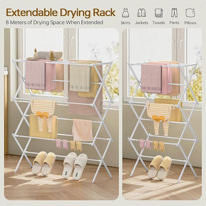 KINGBOARD Clothes Drying Rack, Collapsible Drying Rack Clothing with 11 Poles, 3-Tier Laundry Drying Rack, Small Clothes Drying Rack Foldable for Baby Clothes Sock Towel, 25lb Capacity, White & Grey