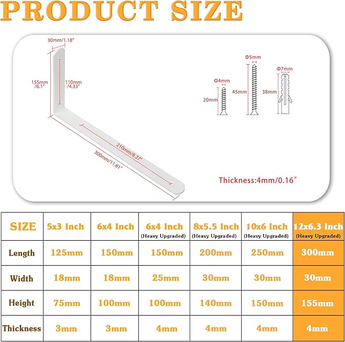 Alise Floating Shelf Brackets 4Pcs,White Bracket for Shelves Heavy Duty L Wall Bracket Corner Brace,Stainless Steel Joint Angle Brackets for Wooden Board Hanging Support,11.8x6.1x1.18 Inch (Upgraded)