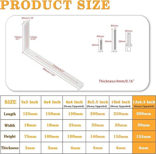 Alise Floating Shelf Brackets 4Pcs,White Bracket for Shelves Heavy Duty L Wall Bracket Corner Brace,Stainless Steel Joint Angle Brackets for Wooden Board Hanging Support,11.8x6.1x1.18 Inch (Upgraded)