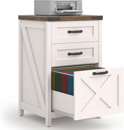 3 Drawer Small File Cabinet, Farmhouse Vertical Filing Cabinet Fits Letter and A4 Size, Under Desk Wooden File Cabinets for Home Office, Printer Stand, Rustic White
