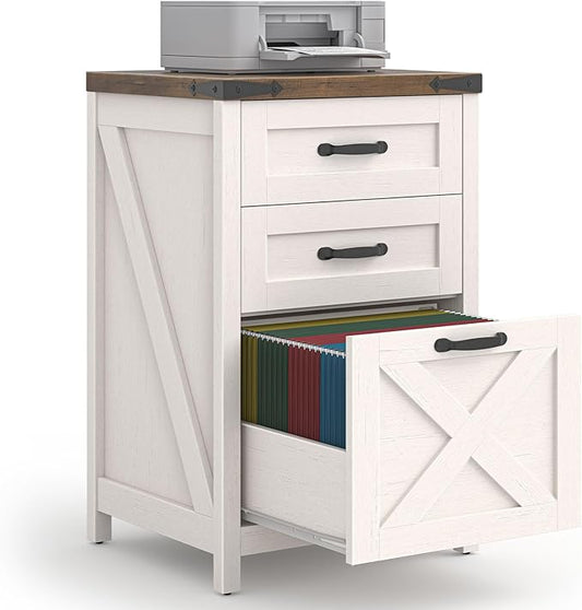 3 Drawer Small File Cabinet, Farmhouse Vertical Filing Cabinet Fits Letter and A4 Size, Under Desk Wooden File Cabinets for Home Office, Printer Stand, Rustic White