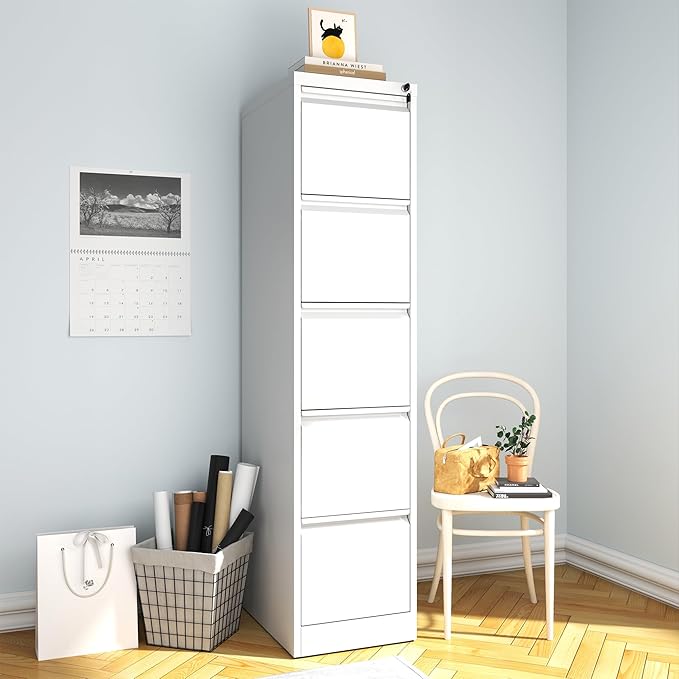 5 Drawer File Cabinet, Vertical File Cabinets with Lock for Home Office,Heavy Duty Office Steel Filing Cabinet for Hanging Letters/Legal/A4, Assembly Required (White)