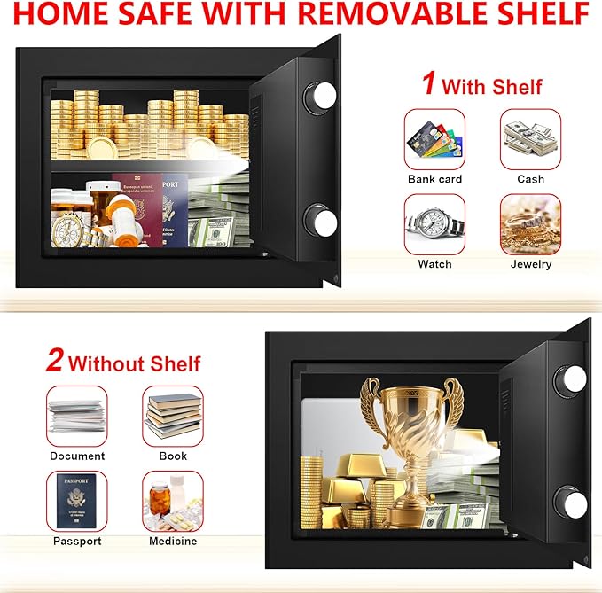 1.3 Cub Small Safes for Home Use Fire and Water Proof, Digital Security Box Fireproof Safe Box with Combination Lock, Smart Alarm System and Removable Shelf, Personal Safe for Home Documents Valuables