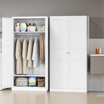 MIIIKO Wardrobe Closet with 2 Doors, 72" Metal Clothing Storage Cabinets with Hanging Rod, Bedroom Armoires Laundry Room and Office Clothes Storage Organizer Cabinets