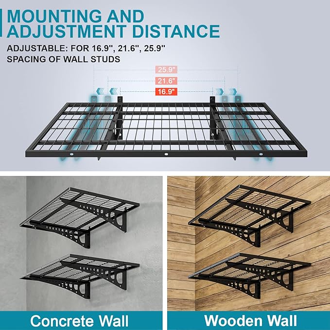 2-Pack 2×3ft(24×36 inch) Garage Wall Shelving, 500 lbs Load Capacity, Garage Wall Mounted Shelves, Heavy Duty Shelf with Hooks, Blac