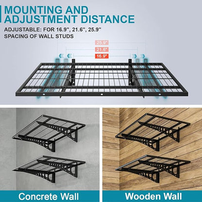 2-Pack 2×3ft(24×36 inch) Garage Wall Shelving, 500 lbs Load Capacity, Garage Wall Mounted Shelves, Heavy Duty Shelf with Hooks, Blac