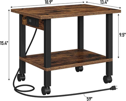 TUTOTAK 2 Tier Printer Stand, Rolling Printer Cart with Power Outlets and USB Ports, Mobile Printer Table with Wheels, for Under Desk, Office, Home,Brown PS01BB001P
