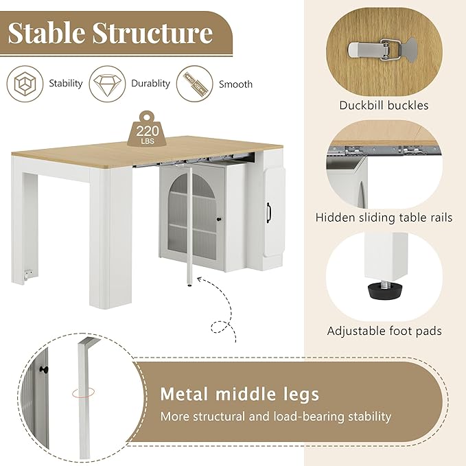 Extendable Dining Table with Storage Cabinet, 15.6" to 59" Rolling Kitchen Island Table with Power Outlet & LED Lights, Space Saving Dining Table for Small Spaces, White