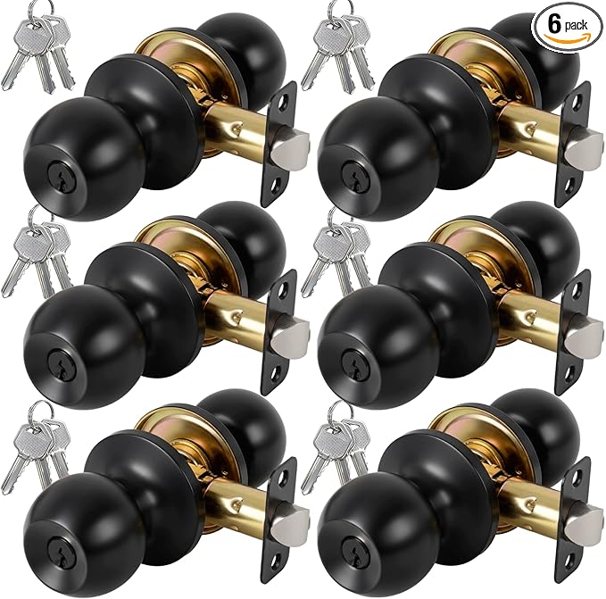 6 Pack Keyed Entry Door Knob with Lock and Key, Exterior and Interior Door Knob for Bedroom or Bathroom, Matte Black, Not Keyed Alike