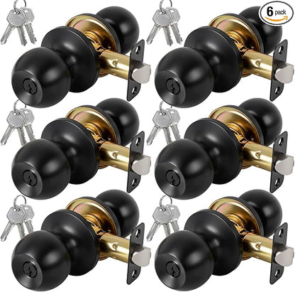 6 Pack Keyed Entry Door Knob with Lock and Key, Exterior and Interior Door Knob for Bedroom or Bathroom, Matte Black, Not Keyed Alike